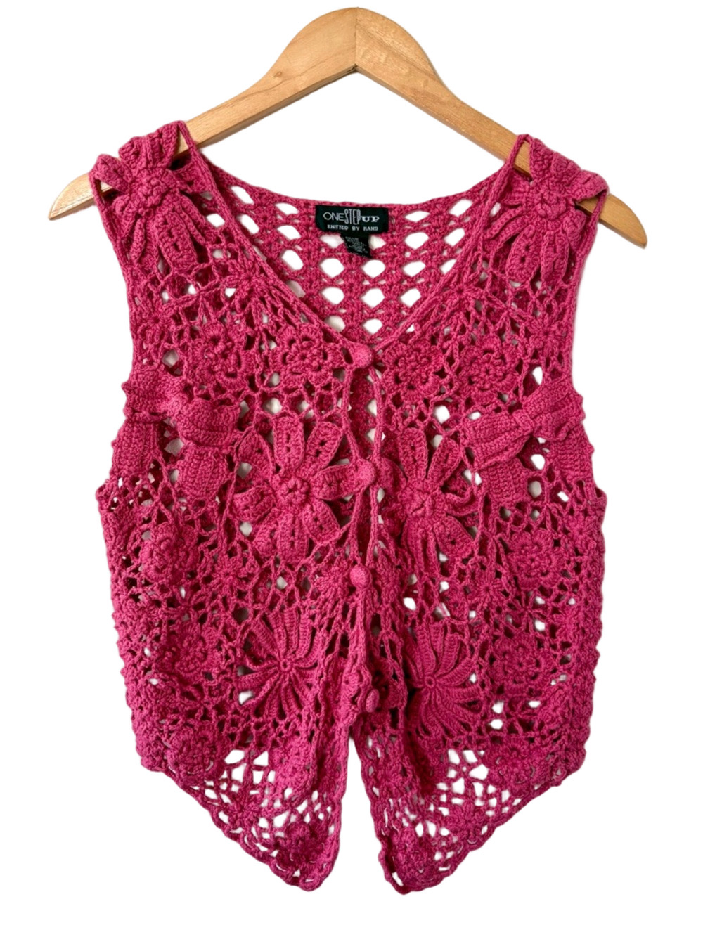90s Vintage Y2K Deep Pink vintage 90s open knit bohemian floral crocheted vest